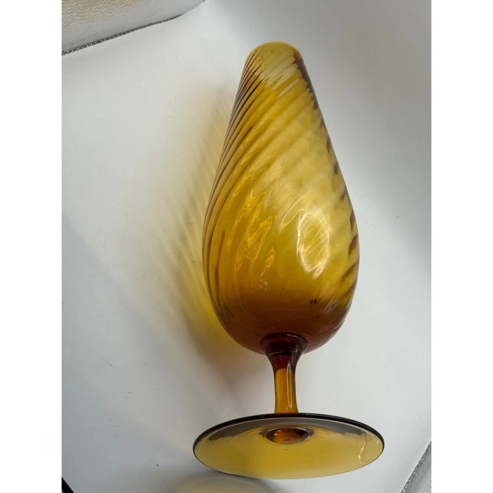 Vintage Empoli Amber Glass Optic Swirl Pedestal Vase Mid-Century Modern Teardrop
